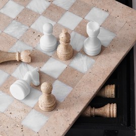 SPESHSTONES Marble Chess Set 15'' Inches Travertine and White Chess Board Games for Adults, Chess Pieces and Checkers Family Games, Travel Chess Set with 2 Extra Queens and Storage Box