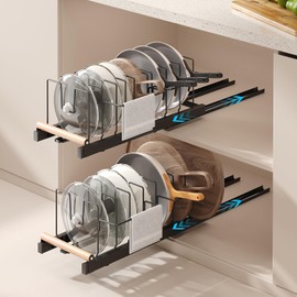 Magheo 2 Pack Pull Out Pots and Pans Organizer Under Cabinet, 22" Deep Expandable Pot Lid Organizer and Storage with 10 Adjustable Dividers Adhesive Pot and Pan Holder Rack with Handle Bracket(Black)