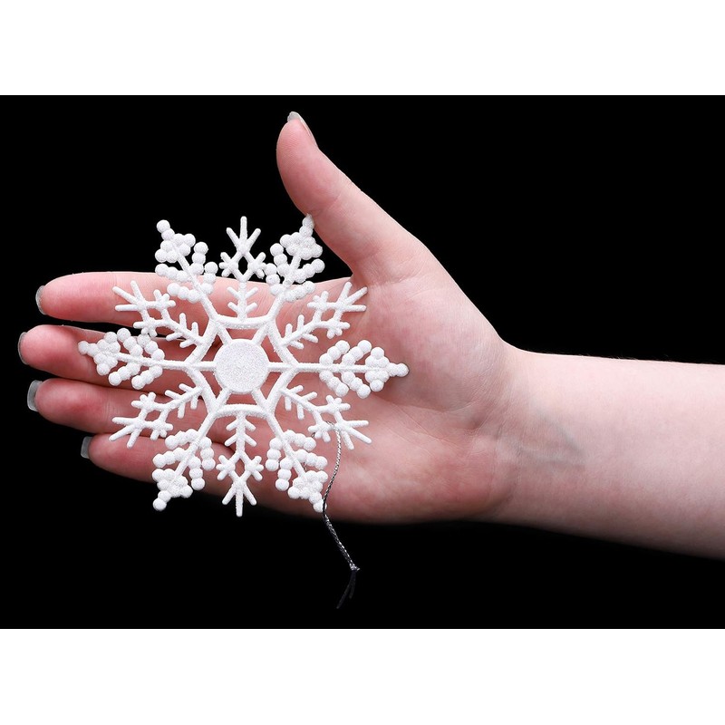 Glitter Snowflake Christmas Decorations Pack of 6-10cm Hanging Decorations (White)