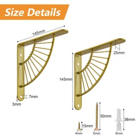 MOROBOR 2PCS Metal Craft Brass Bracket Floating Shelves Shelf Brackets Wall Hanging Decoration Sector Bracket for Home Office Restaurant Decor, Gold-14.5CM
