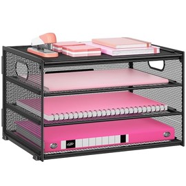 Organizador de Escritorio de 3 Niveles Lavatino, Bandeja Organizadora de Archivos de Metal con Malla para Escritorio, Suministros de Oficina y Organiz
