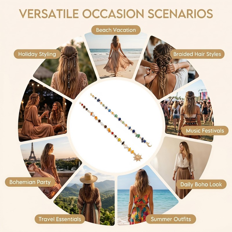 2 Pcs Bohemian Hair Chain with Colorful Beads & Sun