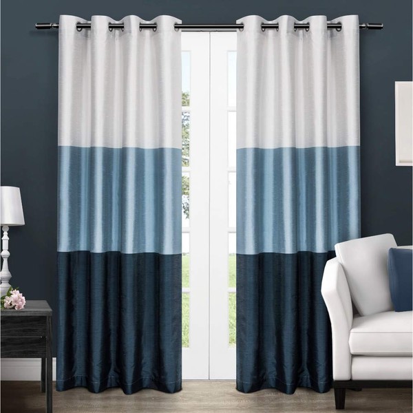 Exclusive Home Curtains Chateau Striped Faux Silk Grommet Top Curtain Panel Pair, 54x84, Indigo