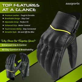 aaasportx Motorcycle Gloves Men's Leather Motorbike Gloves Touchscreen Function - Protectors Motorcycle Gloves Men & Women Motorcycle Gloves with Non-Slip Pads (Perforated, Yellow, Large)