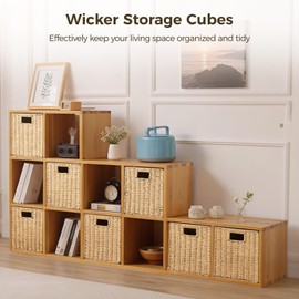 OMISTAR 6 Pcs 8.7 Inch Wicker Storage Cubes Bins - Woven Paper Rope Storage Baskets, Foldable Storage Bins with Handles, Collapsible Square Storage Containers for Shelves, Closets, 8.7×8.7×8.7"