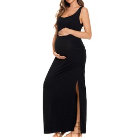 Smallshow Women's Split Long Maternity Dress Sleeveness Ruched Pregnancy Clothes Medium Black