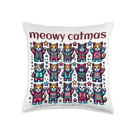 Meowy Catmas Cats in Pajamas around the Christmas Tree Throw Pillow