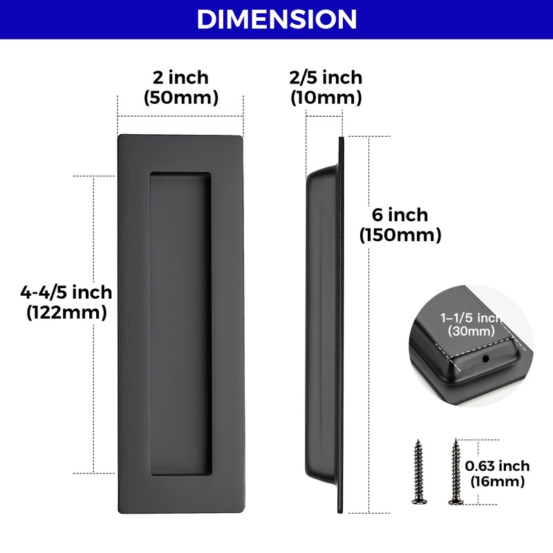 JOY DECOR 2 Pack Pocket Door Handles, 5.9" Rectangular Recessed