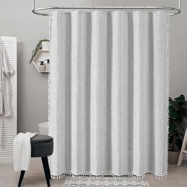 BTTN Extra Long Shower Curtain - 72x84 Long Boho Chic Striped Tassel Linen Fabric Shower Curtain Set with Hooks, Tall Modern Farmhouse Cute Heavy Duty Cloth Shower Curtains for Bathroom - Grey/Gray