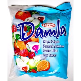 Tayas Damla Soft Chewy Candy Center-filled Fruit Chews, Orange, Strawberry, Sour Cherry, Apple, Peach, Raspberry Family Size 350 Grams, 12.34 Ounces