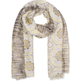 styleBREAKER 01016230 Women's Scarf Batik Pattern with Metallic Stripes, Lightweight Boho Style Scarf with Short Fringes, Grey-yellow