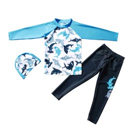 Digirlsor Kids Boys Two Piece Rash Guard Swimsuit Bathing Suit Long Sleeve Sunsuit Swimwear Set with Cap 2-10 Years Blue