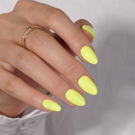 KQueenest Neon Yellow Press on Nails Short Oval, Short False Nails with Glue, Opaque Vibrant Solid Bright Yellow Fake Nails Press ons, Reusable Soft Gel Stick on Nail for Women, 24 Pcs