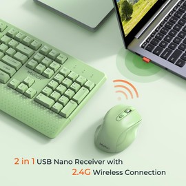 MEETION Wireless Keyboard and Mouse, Full-Sized Cordless Keyboard with Wrist Rest and 3 DPI Adjustable Mouse, 2.4G Wireless, Compatible with PC/Computer/Laptop/Windows/Mac, Green