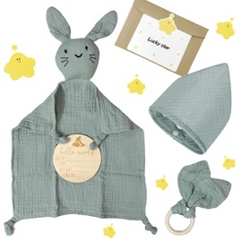 GYHWOFUL Baby Geschenk Junge & Mädchen | Neugeborenen Geschenkset 3 Stück | Schmusetuch Hase + Lätzchen + Holz Beißring | Babygeschenke zur Geburt & Babyparty Sachen (Grün)