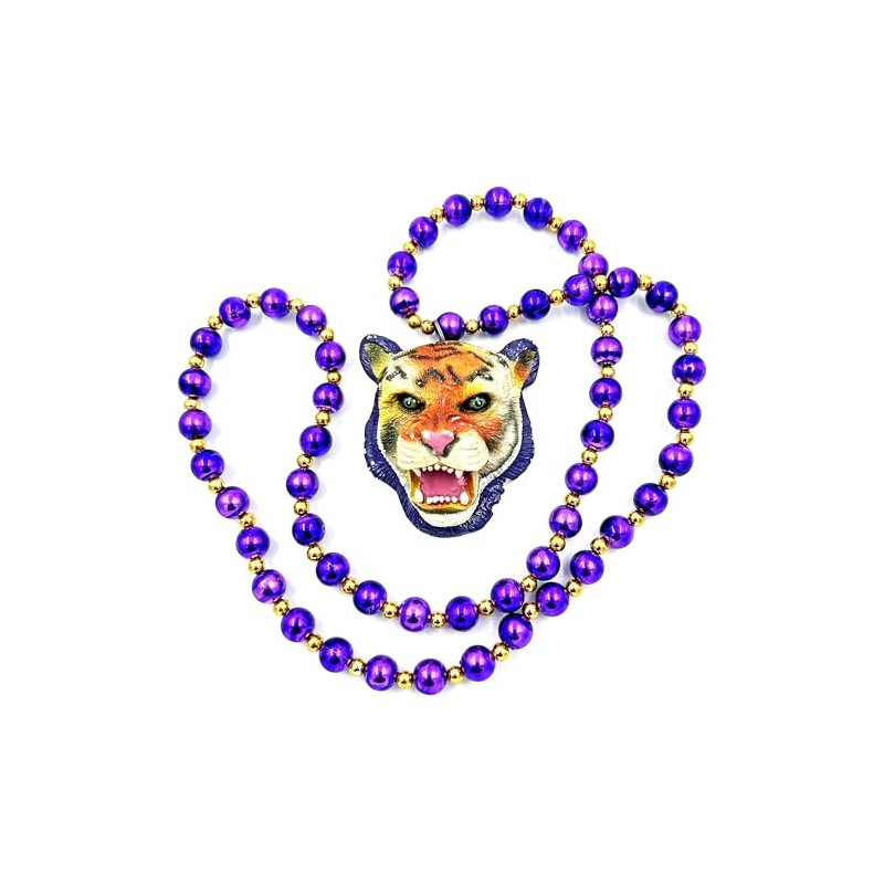 Tiger Head Mardi Gras Bead Necklace
