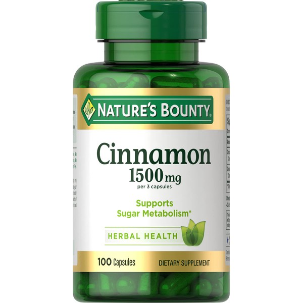 Nature's Bounty Cinnamon Herbal Supplement, Supports Sugar Metabolism, 1500mg Capsules, 100 Count