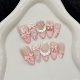 NLSJMP 3D handmade nails press on false nails,Thick Strong Waterprooft almond pink white,pearl bow Stripes french elegant cute acrylic fake nails designed kit,10 Nails Size L #405