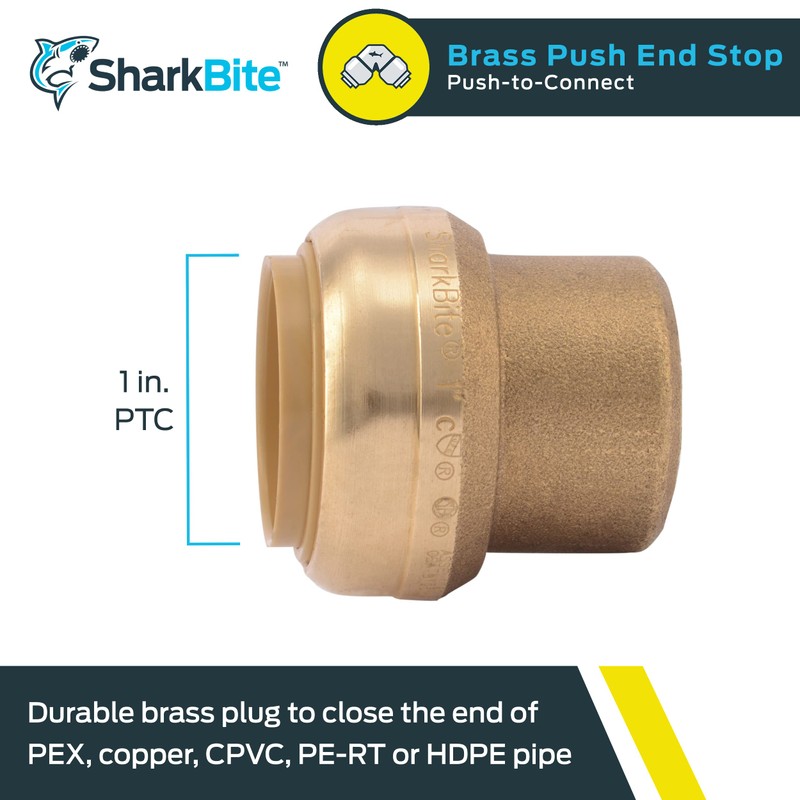 SharkBite 1 Inch Push Cap, Push to Connect Brass Plumbing