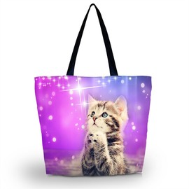 ICOLOR Reusable Grocery Bags Hand Bags Totes, Foldable Handbags Grocery Tote Beach Bag Shopping Bags Zipper Bags for Women Men Girls, Washable, Durable and Lightweight Wishing cat (GWB-37)