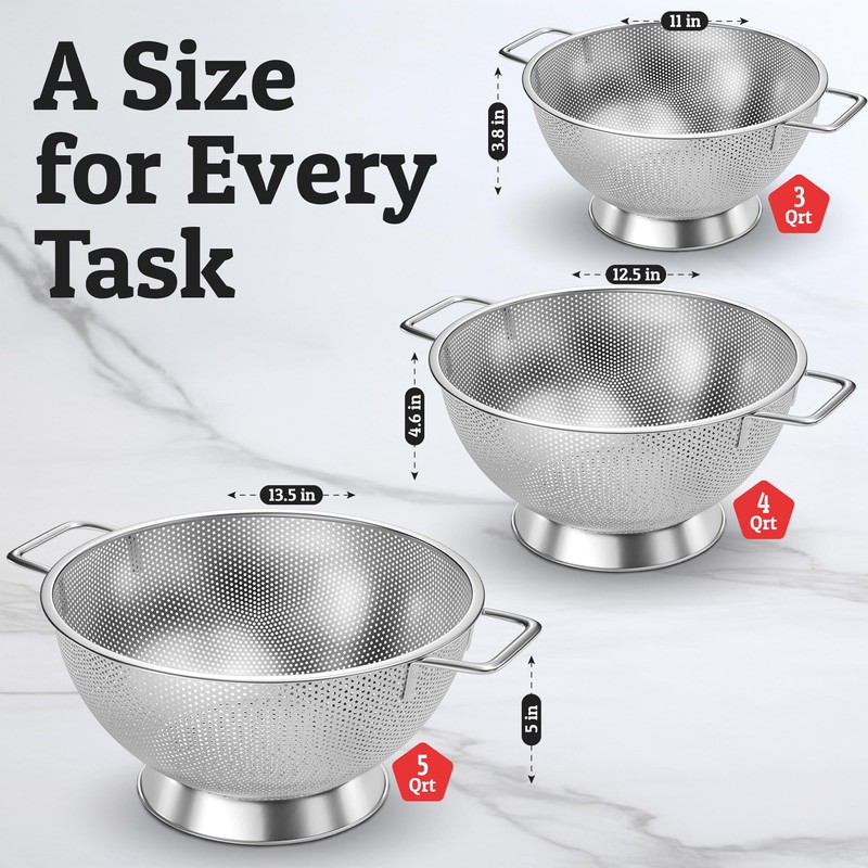 PriorityChef Premium Stainless Steel Colander for Kitchen, Durable Rice and