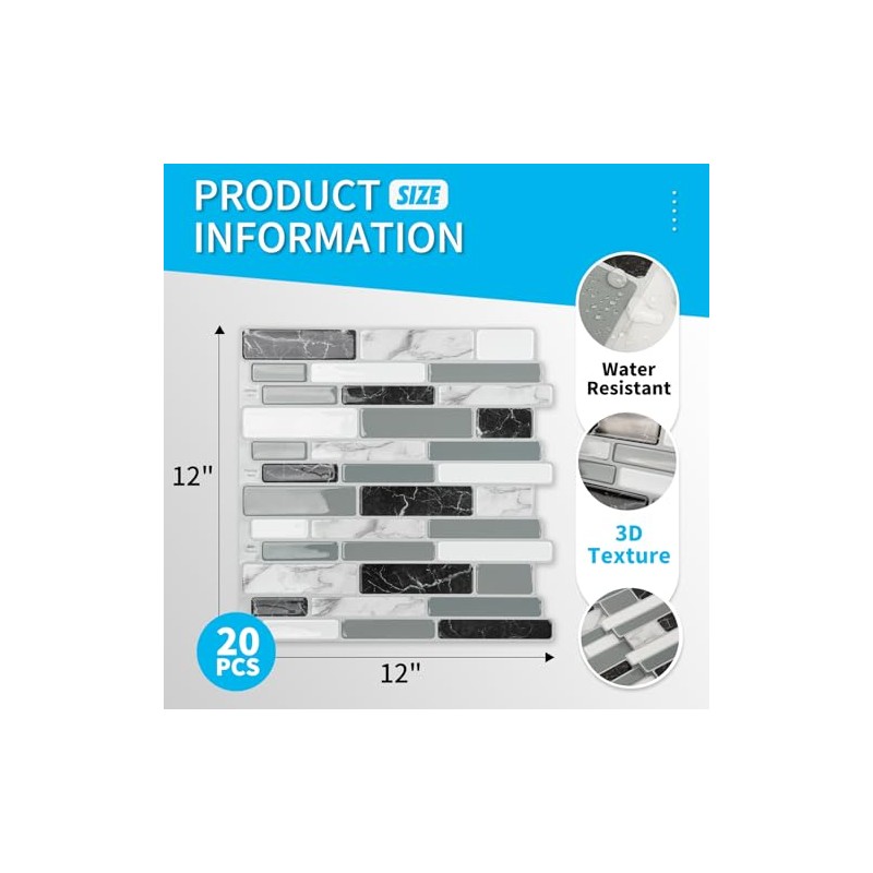 Art3d 20-Sheet Peel and Stick Kitchen Backsplash Tiles, Self-Adhesive Wall