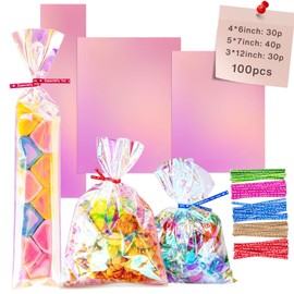 Cherodada Cellophane Treat Bags, 4x6, 5x7, 3x12 Inch Iridescent Cellophane Bags with Twist Ties, Celebrations Baby Showers Weddings Birthday Party Gift Wrapping(Pack of 100)