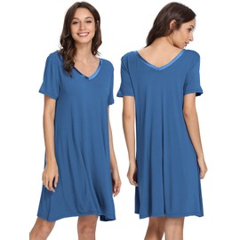 WiWi Soft Bamboo Viscose Nightgowns for Women V Neck Sleep Shirts Plus Size Pajamas Short Sleeve Sleepwear S-4X, Prussian Blue, Small