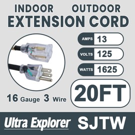 Ultra Explorer 20 Ft Indoor Outdoor Black Extension Cord, 16/3 Heavy Duty Extension Cable, 3 Prong Grounded Plug with Lighted End for Appliance and Lawn, 13A, UL Listed
