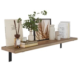 Wallniture Cervo 48 inch Long, 10" Deep and 1" Thick Wooden Wall Shelf with Heavy Duty Metal Brackets, Rustic Floating Shelves, Burnt, Wood