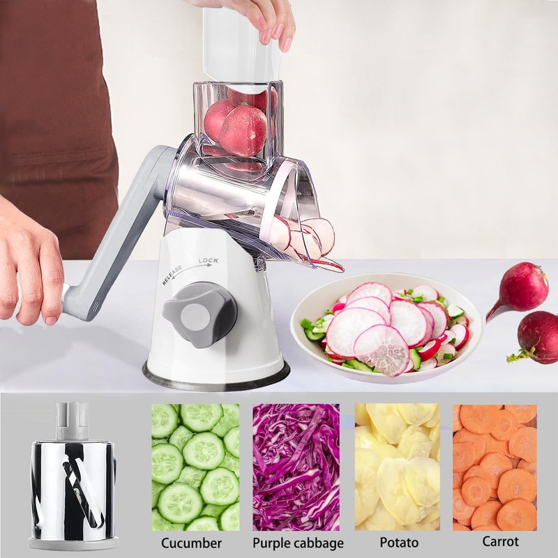 Handheld Rotary Cheese Grater Shredder- 3 Interchangeable Stainless Steel Drum