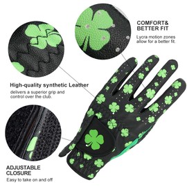 GOLTERS Womens Golf Gloves Left Hand Clover Ladies Golf Gloves with Adjustable Strap Synthetic Leather Lycra Fiber Worn On Left Hand (Black, X-Large)