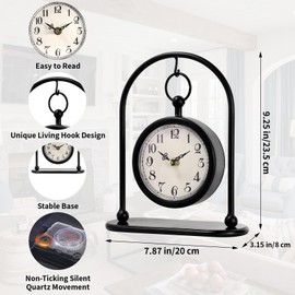 JUMBO DECOR Vintage Metal Table Clock, Farmhouse Table Clock, Small Black Silent Non-Ticking Battery Operated Desk and Shelf Clocks for Home Kitchen Living Room Bedroom Decor