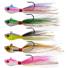 Bucktail Jigs Saltwater Hair Jig Lures, 5pcs Bucktail Jigs Fishing Lures Surf Fishing Jig Head Swimbait Jig Hook for Bass Flounder Striper 1/4oz 1/2oz 1oz 1.5oz