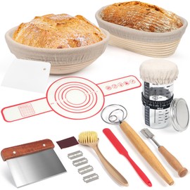 Banneton Bread Proofing Basket Set, 11 Inch Sourdough Proofing Basket and Bread Baking Supplies-Bread Lame, Danish Whisk, Bowl & Dough Scraper, Brush, (Rattan, 10in Round +10in Oval+1 Set Jar Kit)