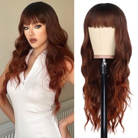 Wallden Hair Auburn Wigs with Bangs for Women Long Curly Wavy Ombre Wigs Heat Resistant Synthetic Bangs Wig for Daily Party Use (Ombre Auburn, 26 Inches)
