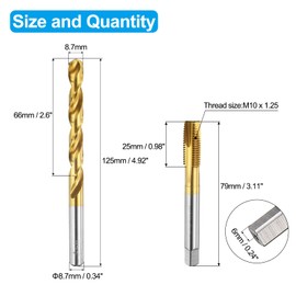 sourcing map Tap and Drill Bit Set, 1pcs M10 x 1.25 Metric Spiral Point Thread Screw Taps & 1pcs 8.7mm Twist Drill Bits, Titanium Coated HSS-6542 Tapping Threading Tool Kit