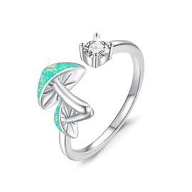 OHAYOO Adjustable S925 Sterling Silver Mushroom Green Opal Open Ring Jewelry Gifts for Women