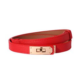 Ovekaut Women Skinny Leather Belt Solid Color Alloy Turn Lock Adjustable Waistband for Dresses Jeans Coats (Red-Gold)