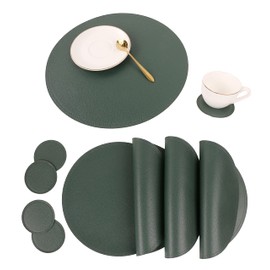 Faux Leather Round Placemats and Coasters, Disko Table Mats and Drink Spills Coasters, Easy to Clean, Double Stitched for Kitchen Dining Table, Diameter 13'' and 3.9''