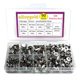Alloygold 90 Sets 304 Stainless Steel Chicago Screws Leather Assorted Kit ，7 Sizes of Screw Rivets for Leather Rivet for DIY Leather Craft and Bookbinding (M5 X 4, 5, 6,7, 8, 10, 12)