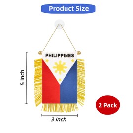 Rotenl 2 Pack Philippines Window Small Mini Hanging Flag, 3 X 5 Inch Filipino Car Flag Banner with Golden Fringy Tassel and Suction Cup, Wall, Door and Rearview Mirror Decor (Philippines)