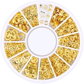 1 Box Mixed Gold Nail Charms Set Gold Nail Studs Gems Sparkling Rhinestones Metal Rivets Charms Hollow Moon Star Hearts Shaped Artificial Pearls DIY 3D Nail Art Decoration Nail Art Accessories