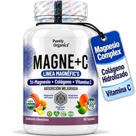 Magnesio con Colágeno Hidrolizado y Vitamina C, Magne+C Purely Organics, Magnesio Complex Glicinato, Gluconato y Citrato, 90 Cápsulas, 45 Porciones.