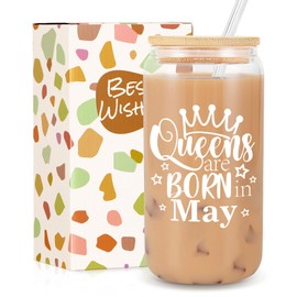 Birthday Gifts for Women, Funny Happy Birthday Glass Cup Tumbler for her, Girlfriend, Friends, Wife, Mom, Bestie, Daughter, Sister, 18oz Unique Can Glass with Straw & Lid, Queens are Born in May
