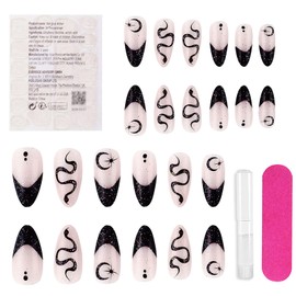 Stick on Nails French Tip - 24pcs Laser Glitter Black False Nails - Gothic Press on nails Almond - Medium Long Fake Nails with Glue - Elegant French Manicure nails for Women DIY Nail Art