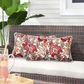 Magpie Pack of 2 Outdoor/Indoor Lumbar Pillow Case Covers 12"x20", Waterproof Rectangular Throw Pillowcase Shell Christmas Decorative Cushion Sham for Home Patio Garden Tent Couch - Floral Red Orange