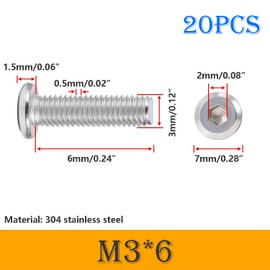 Ctyjia Pack of 20 Allen screws, M3 x 6 mm flat head screws, hexagon socket, 304 stainless steel screws, fully threaded, furniture connector screws