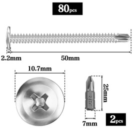 Pack of 80 Self-Tapping Screws 410 Stainless Steel 4.2 x 50 mm Self-Tapping Screws Self Tapping Drilling Screws Self-Drilling Screws for Steel Metal Screws Drilling Screws Countersunk Head with 2