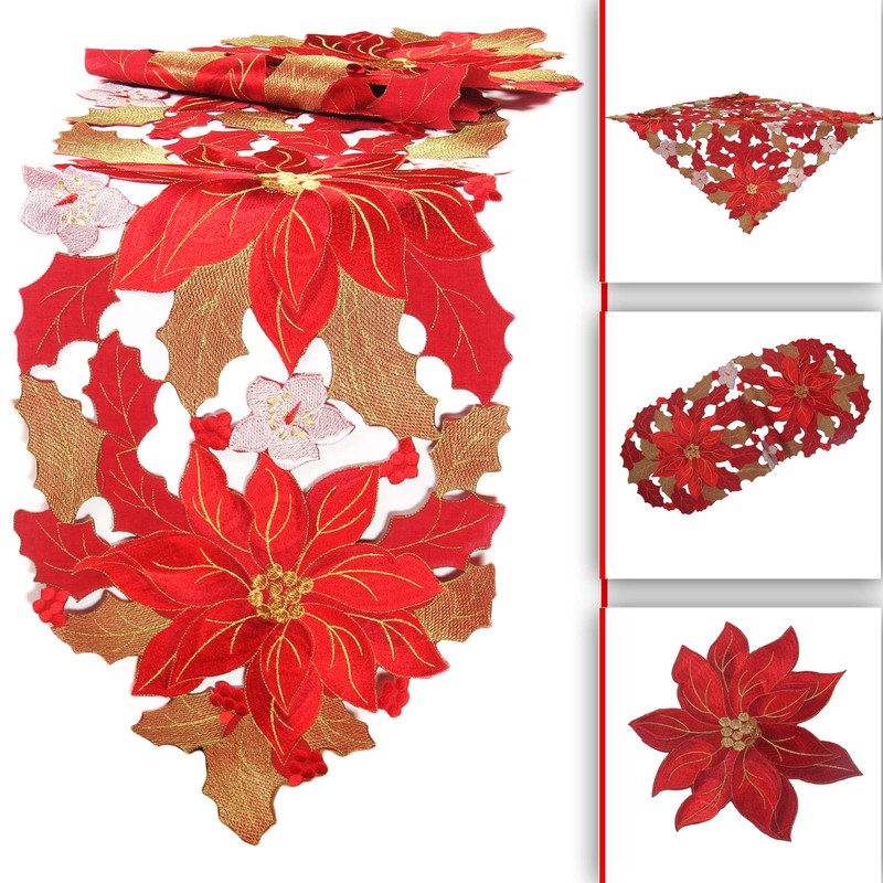 Christmas Winter Poinsettie Poinsettie Embroidery Polyester Tablecloth Approx. 85 x